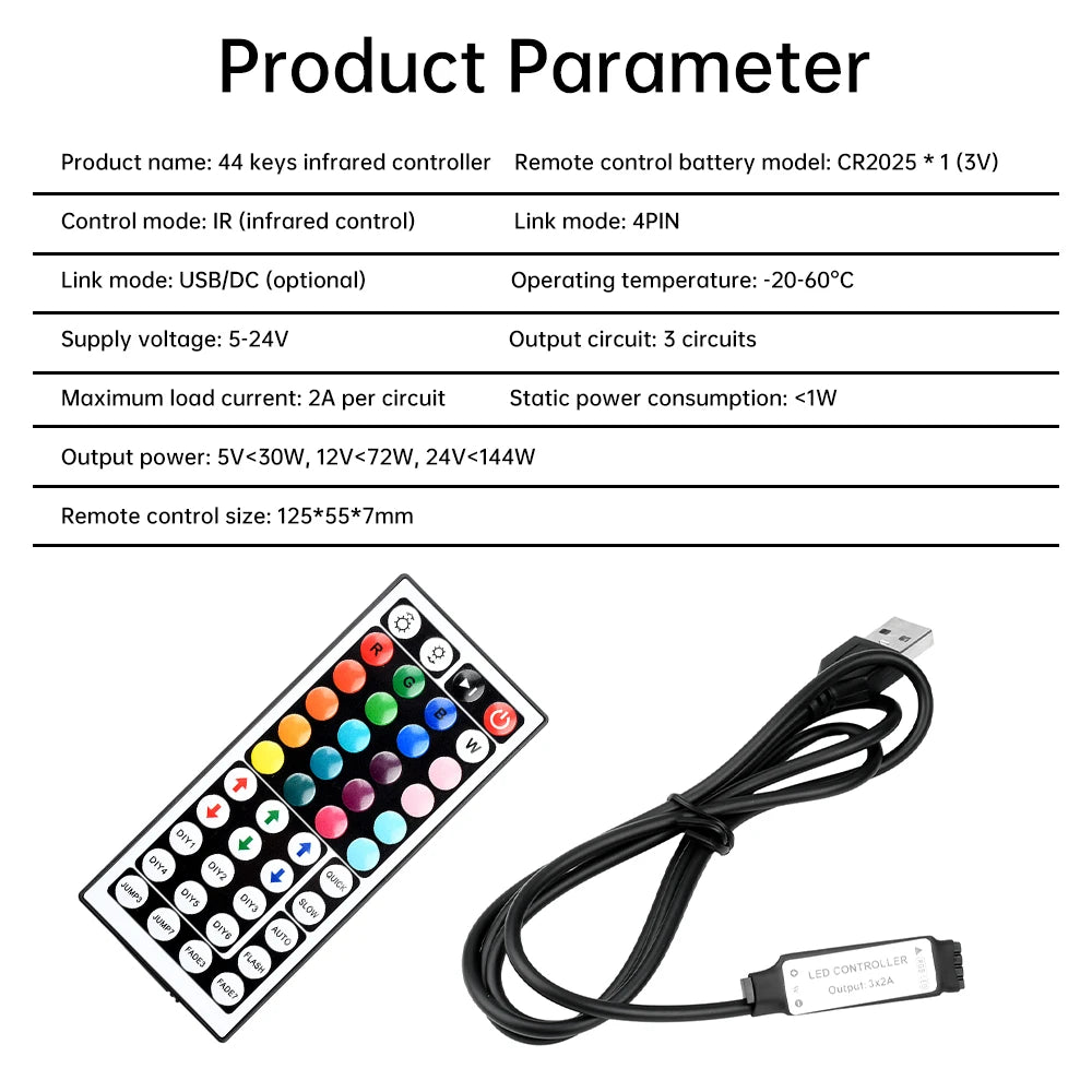 Led Controller 44 Keys LED IR RGB Controler IR Remote Dimmer USB 5V/DC 5-24V For RGB 3528 5050 LED Strip Lights
