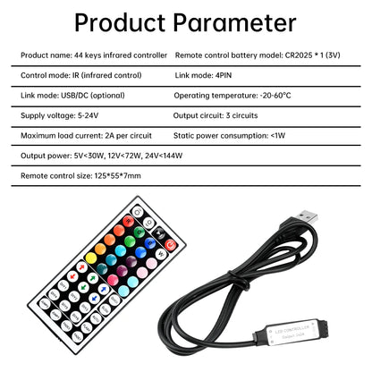 Led Controller 44 Keys LED IR RGB Controler IR Remote Dimmer USB 5V/DC 5-24V For RGB 3528 5050 LED Strip Lights