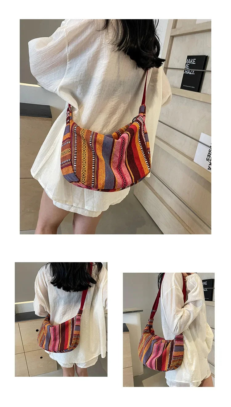 Tribal Style Shoulder Bag, Foldable Crossbody with Zipper Closure, Striped Pattern, Flag Theme Hand Washable Edge Painted Lining