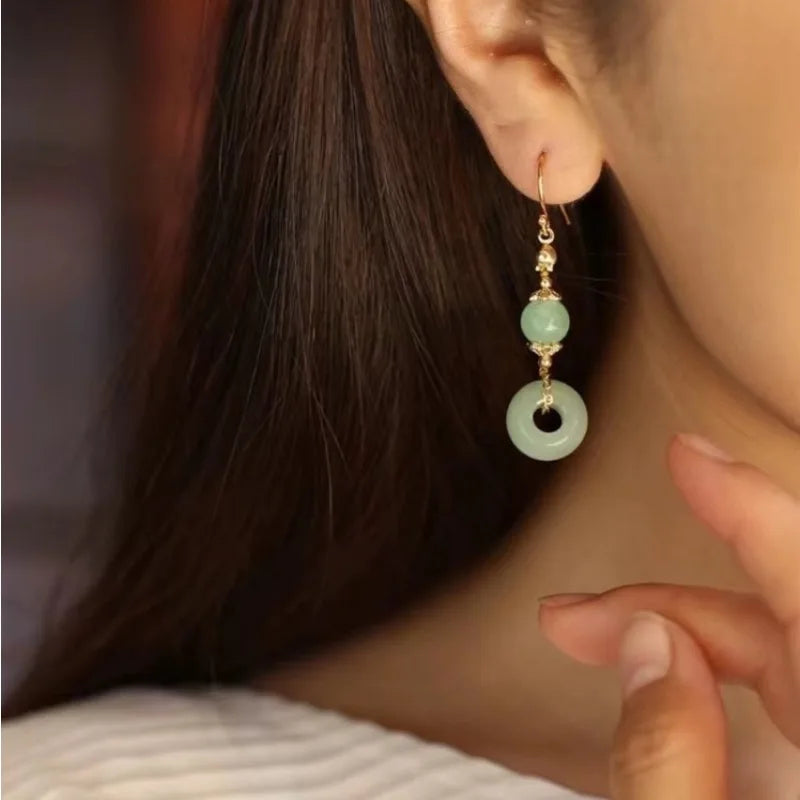 Ethnic Chinese Jade Loop Earrings for Women Traditional Luxury Wedding Jewelry Retro Palace Style Ornament Ear Clip Earring Gift
