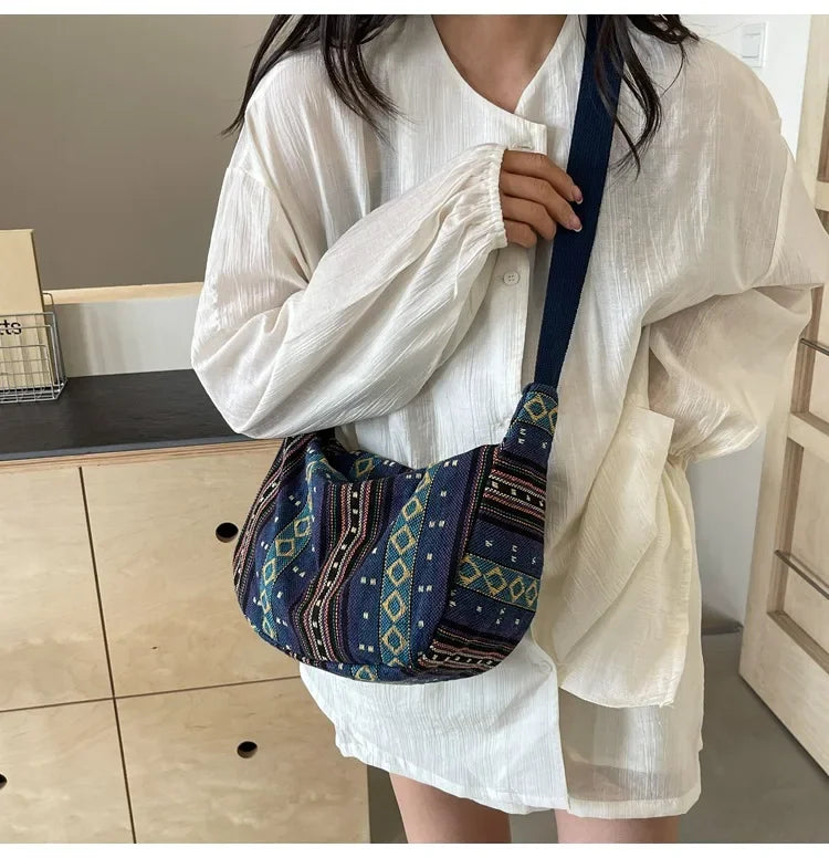 Tribal Style Shoulder Bag, Foldable Crossbody with Zipper Closure, Striped Pattern, Flag Theme Hand Washable Edge Painted Lining