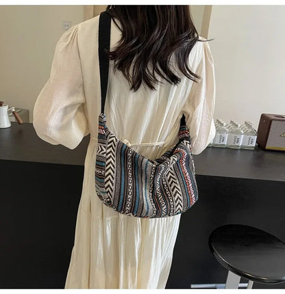 Tribal Style Shoulder Bag, Foldable Crossbody with Zipper Closure, Striped Pattern, Flag Theme Hand Washable Edge Painted Lining