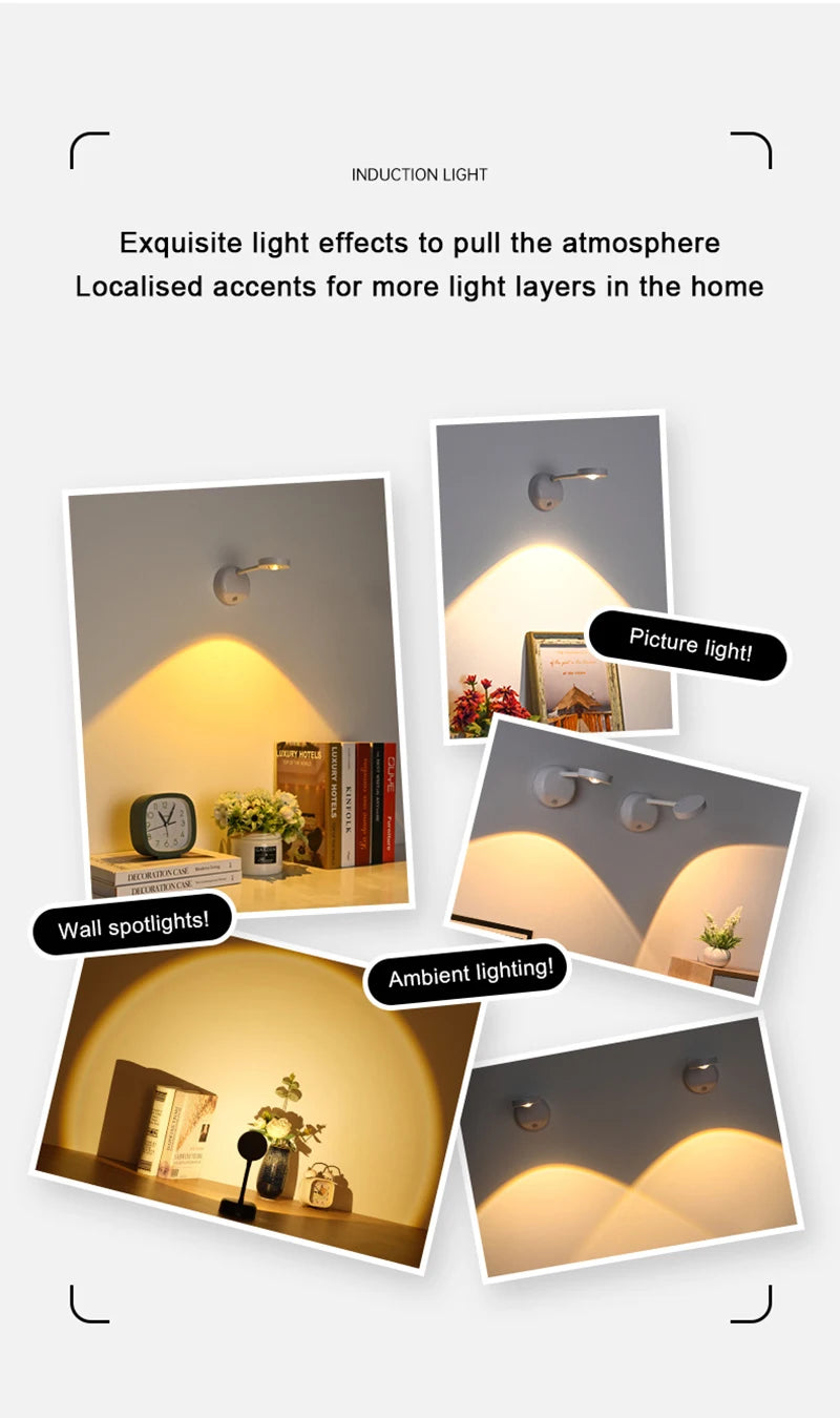 LED Wall Lamp USB Charging Wirelessly Dimmable Motion Sensor Living Room Bedroom Bedside Decoration Spotlights Night Wall Light