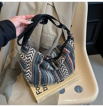 Tribal Style Shoulder Bag, Foldable Crossbody with Zipper Closure, Striped Pattern, Flag Theme Hand Washable Edge Painted Lining